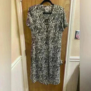 Leslie Fay Vintage Animal Print Black and Beige Sheer Button Dress Size 12
